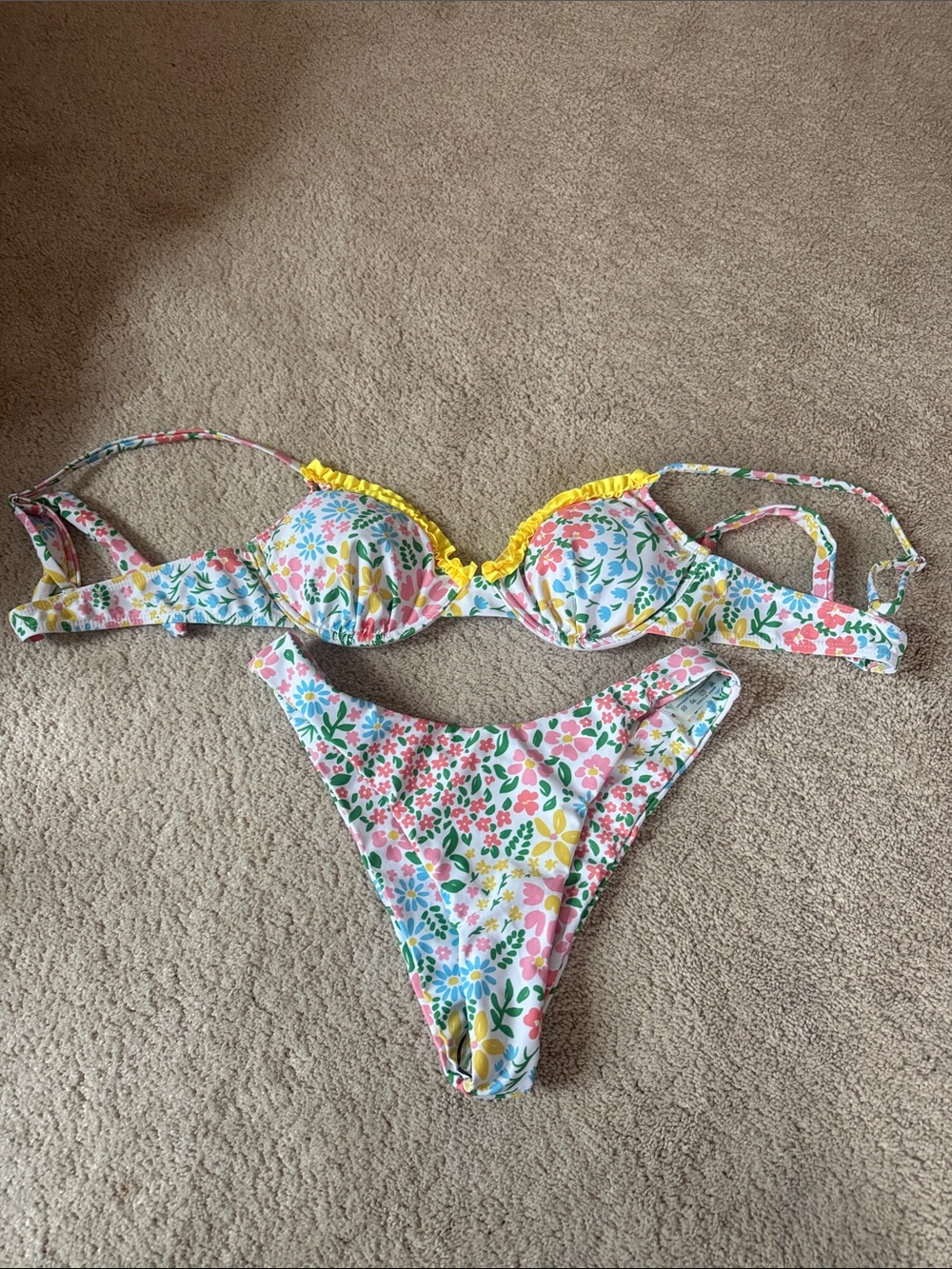 SHEIN Floral Bikini Set - White with Pink, Yellow & Blue Flowers (never worn)